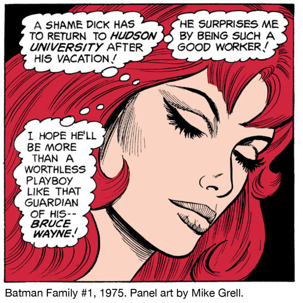 Shame Dick has to return to Hudson University - Batman Family #1 panel art by Mike Grell