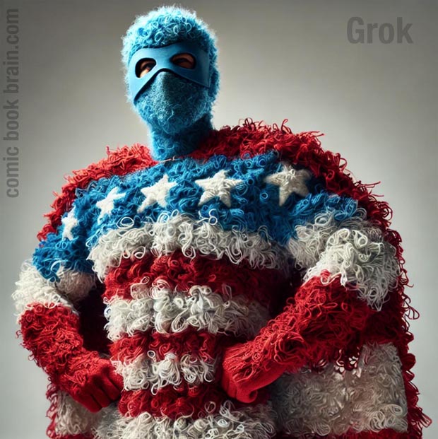 Battle of the AI Superhero costume of Fuzzy Yarn from GROK