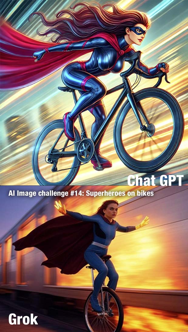 AI Challenge number 14 - superhero women on bicycles