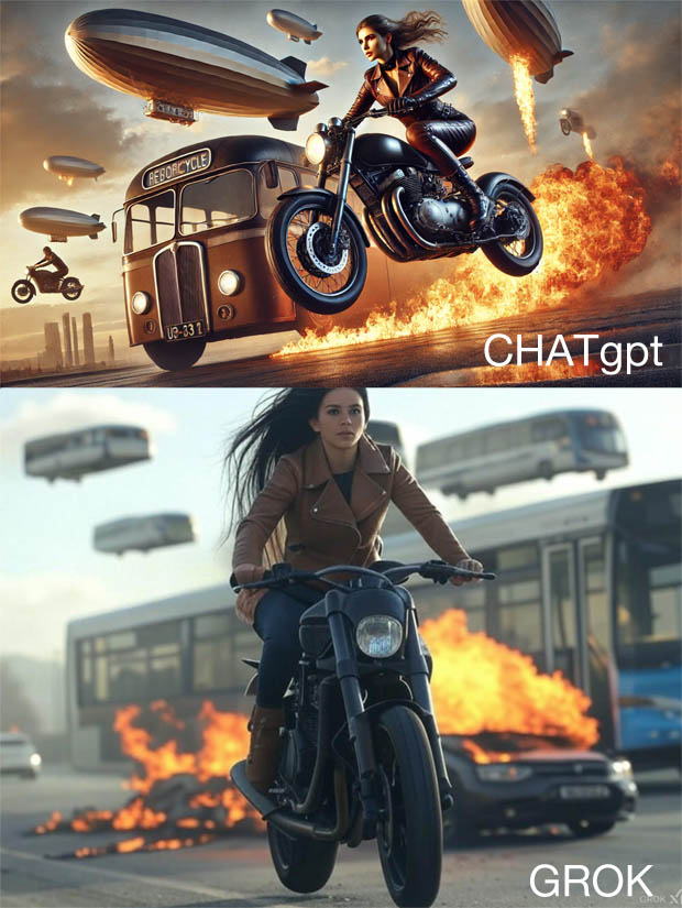 AI Challenge Number 12 - an action woman wearing brown leather on a motorcycle leaping over a burning bus with zeppelins in the sky