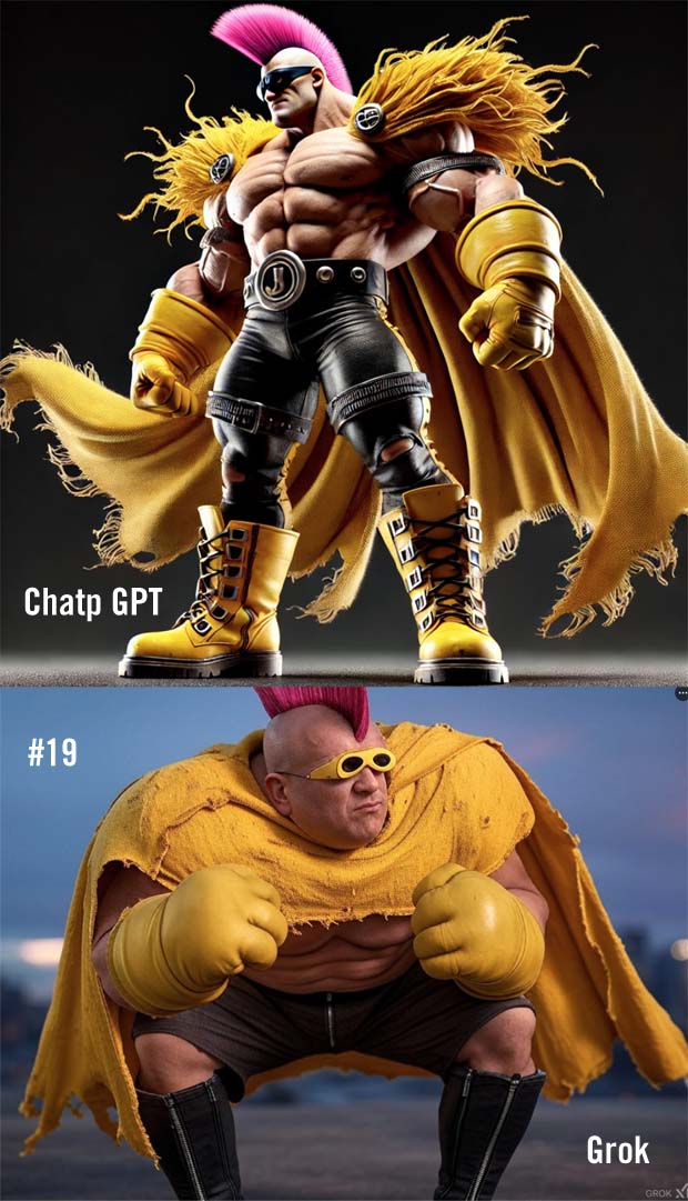 Grok vs Chatgpt 19 - yellow cape and pink mohawk