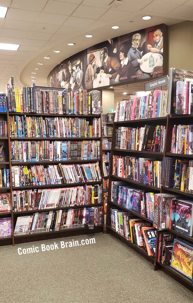 Two book cases of Marvel and DC Graphic Novels at Barnes and Noble