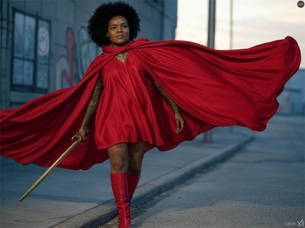 Billowing Red Cape and Golden Sword