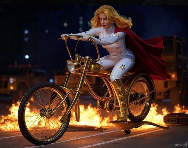 Flaming bicycle with white suited golden superhero woman