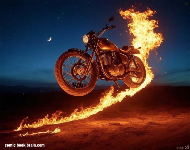 Flaming motorcycle alone in the sky