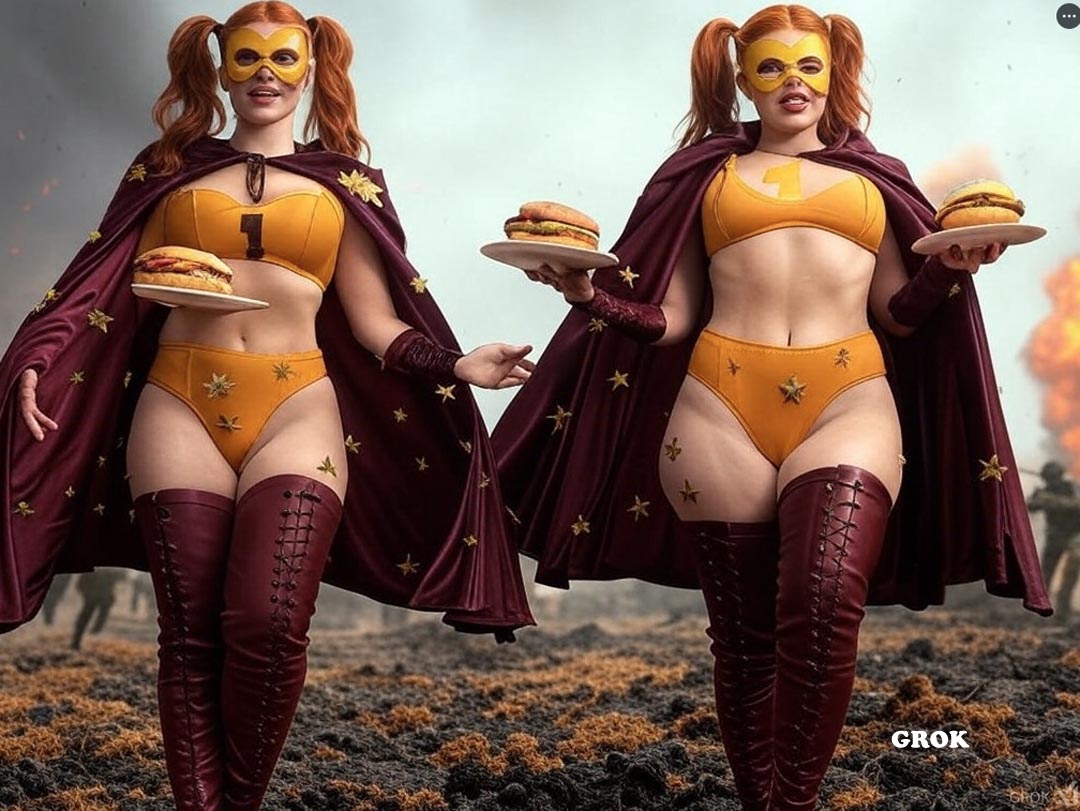 Floating cheeseburger and superheroes