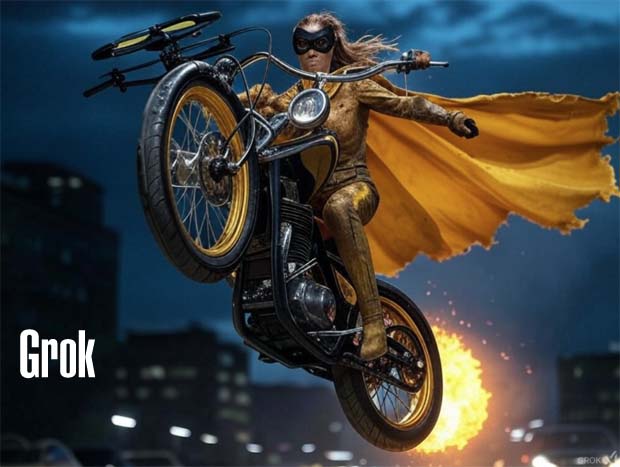 Golden motorcycle superhero in flames with drone