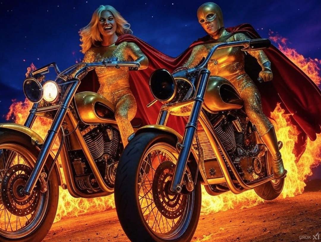 Double Motorcycle superhero women on flaming bikes