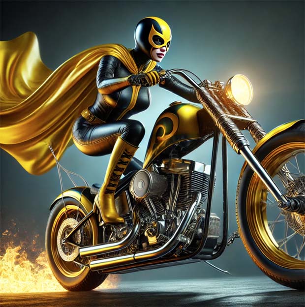 Leather bound motorcycle golden woman on a golden bike