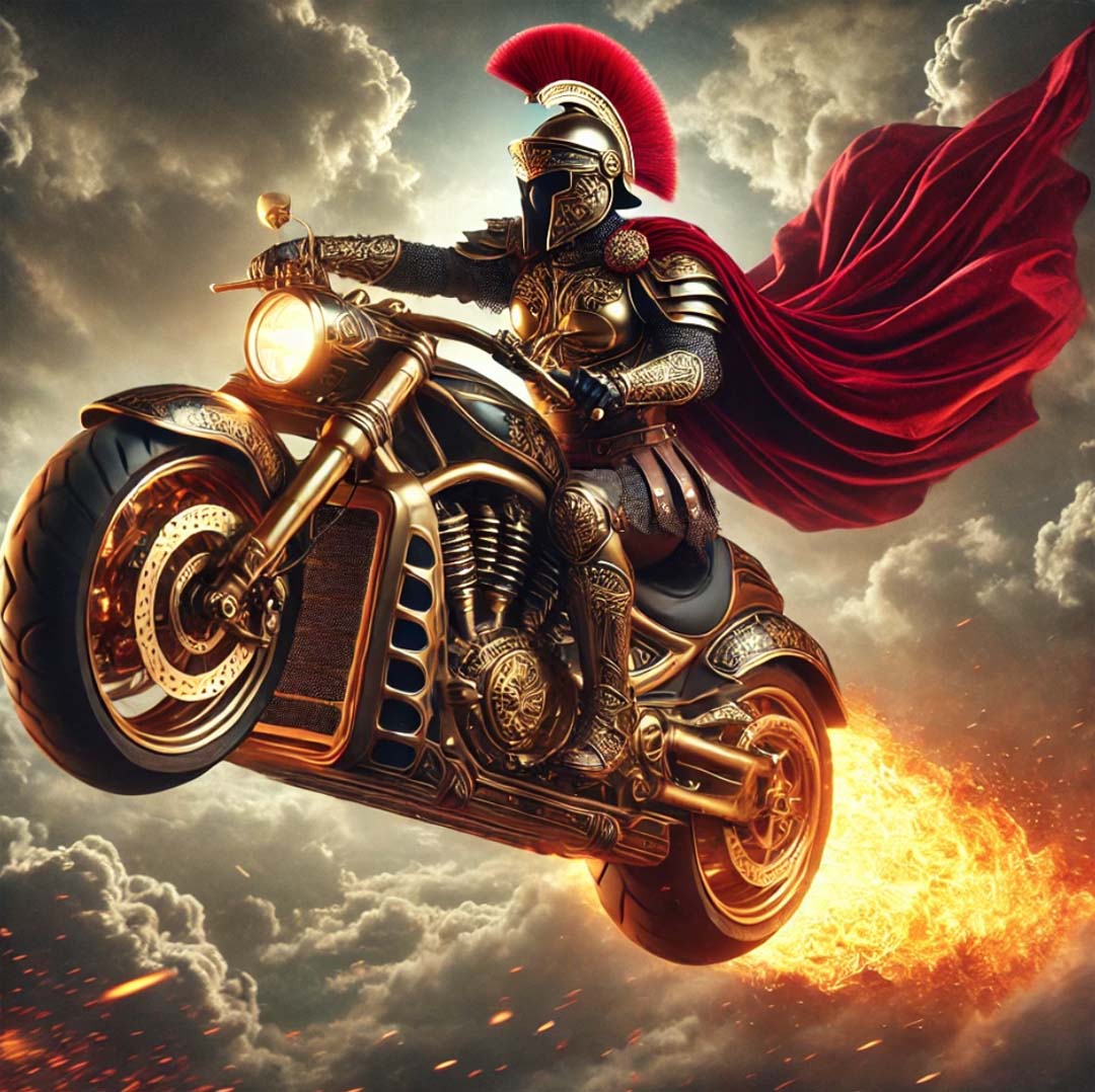 Motorcycle flaming Roman Soldier