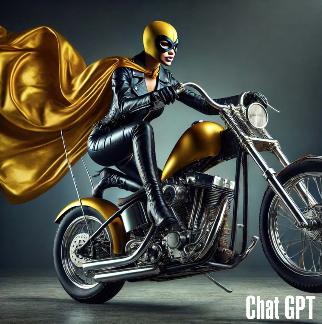 Motorcycle of gold and black leather superhero woman with boots