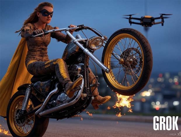 Motorcycle on fire superhero woman with drone in the air