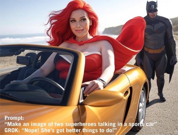 Hey AI make an image of two superheroes in a sports car