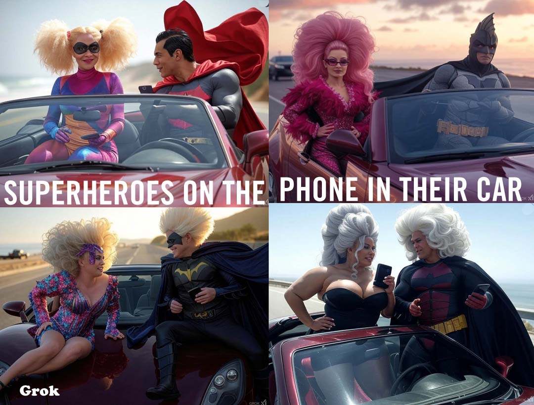 Superheroes - on the phone in their Car