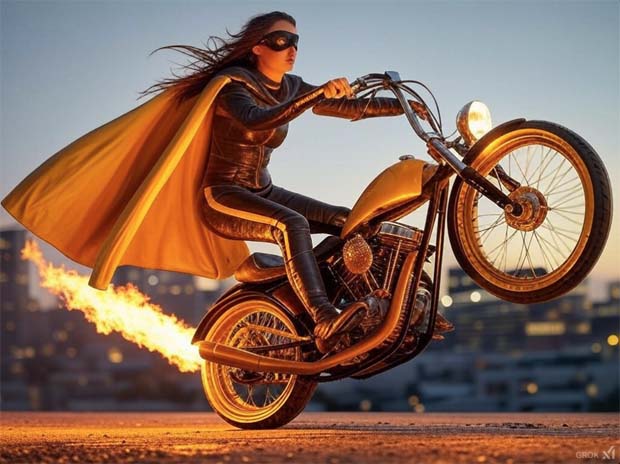 Popping a wheelie on a flaming motorcycle