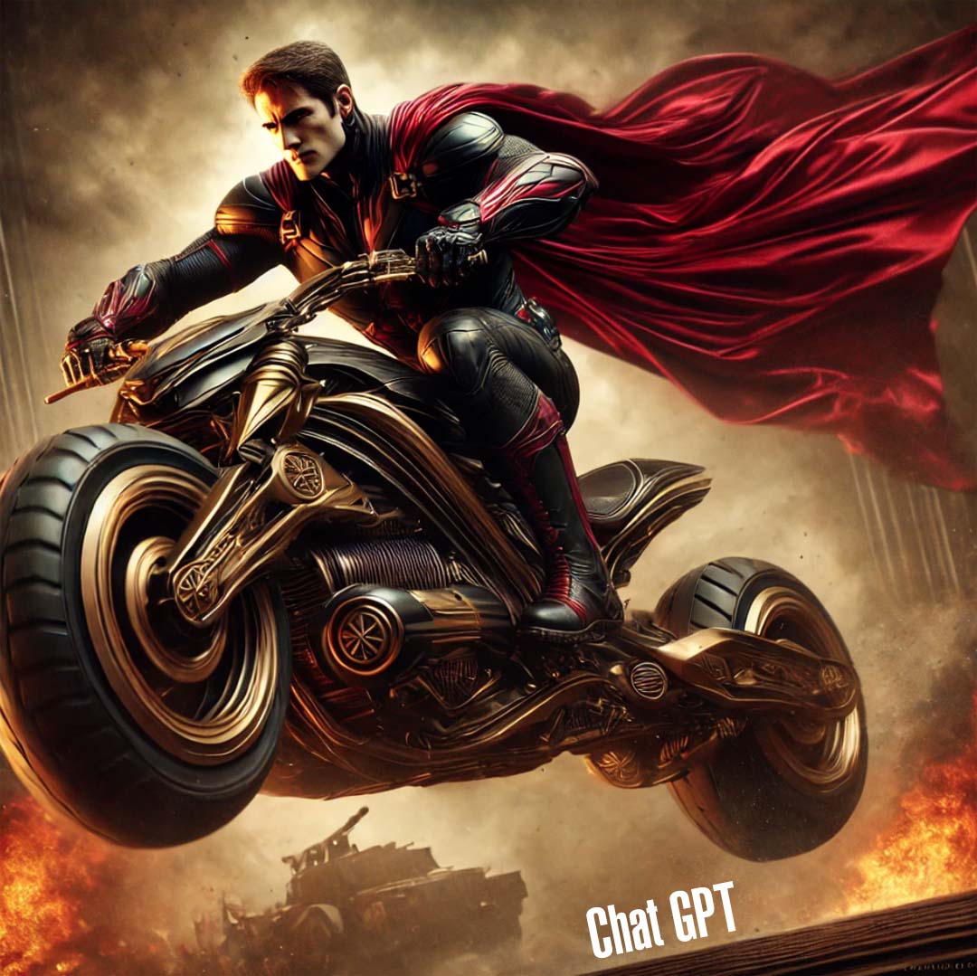 Superhero man in Red and Black on a flaming motorcycle