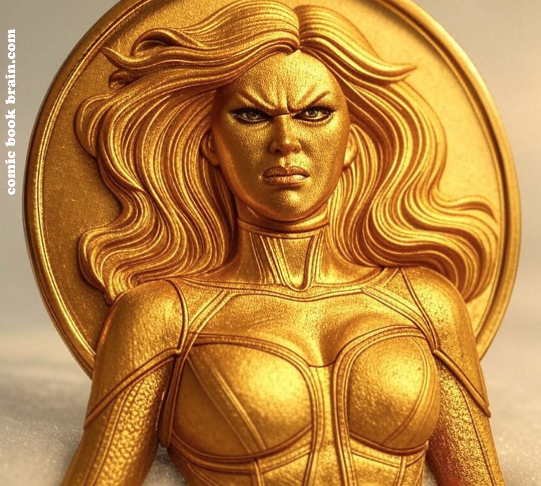 Scowling Golden Coin with Superhero Woman