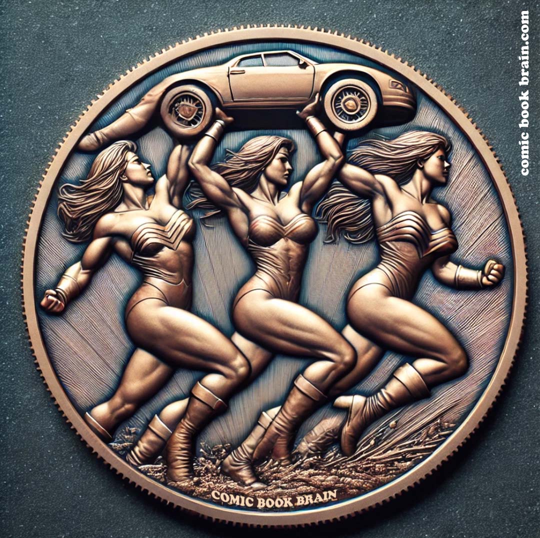 Superhero COin - three superhero women and a car