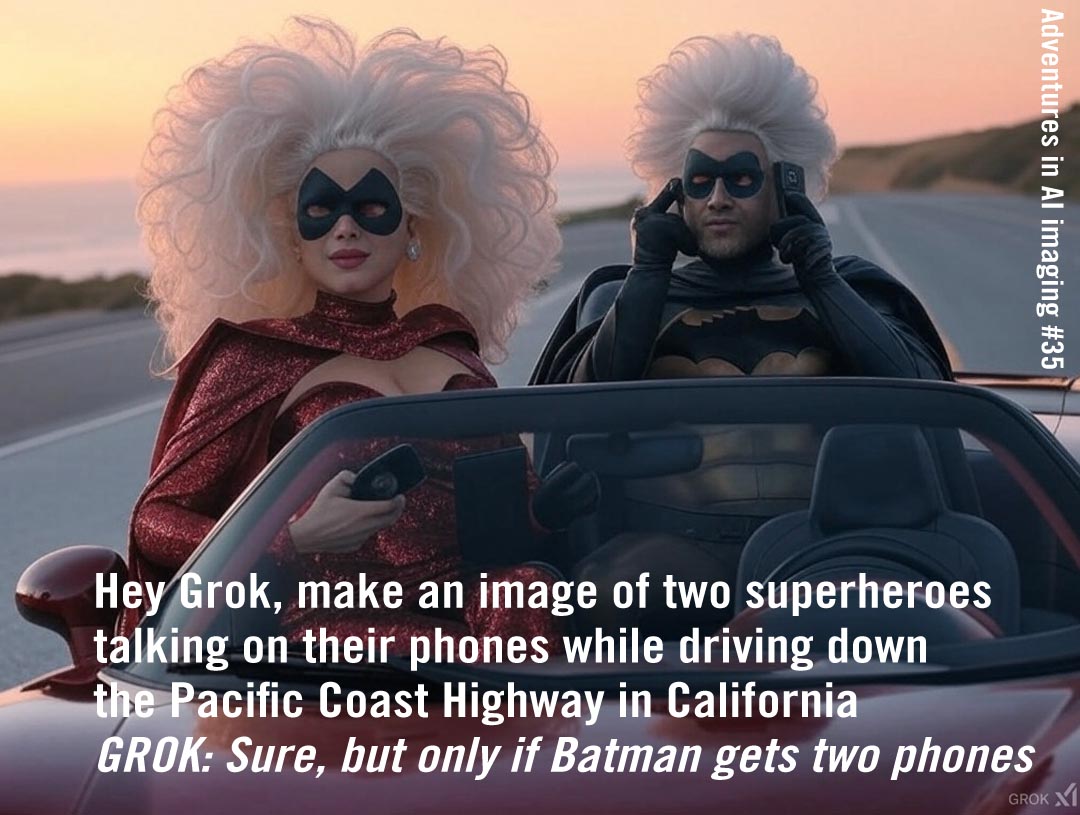 Superheroes in their car talking on the phone while travelling on the Pacific Coast Highway in California