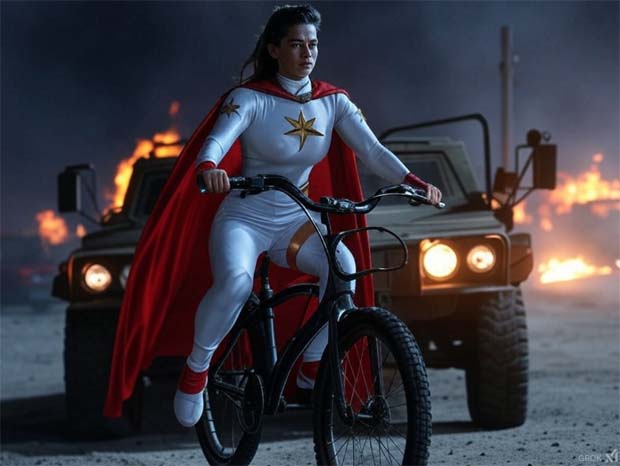 Superhero woman on bike with armored car