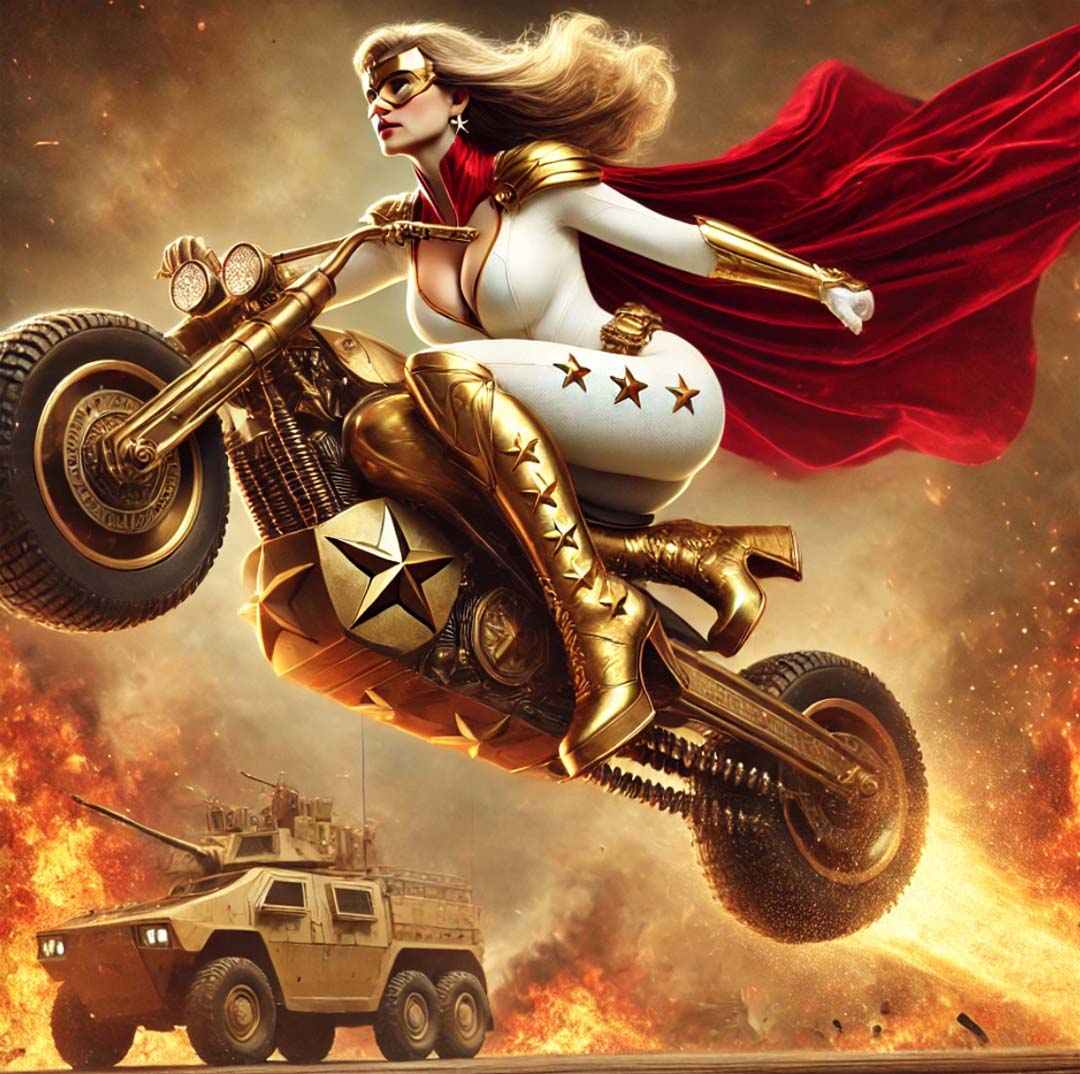 Golden Motorcylce superhero woman in a warzone