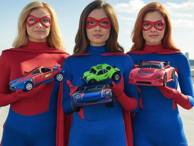 Three race cars and super women