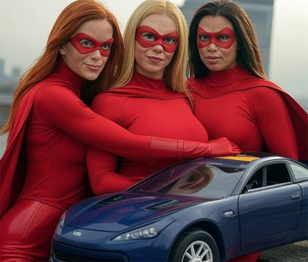 Three red suited superwomen hugging a soft car