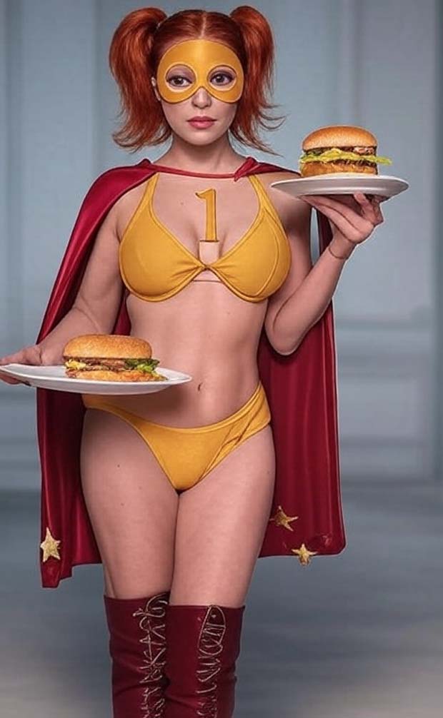 Two Cheeseburgers and cape and mask