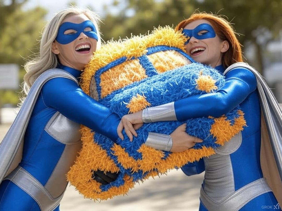 Two Superhero Women hugging a soft supercar