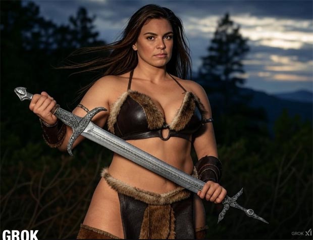 Warrior Woman with sword and griimace