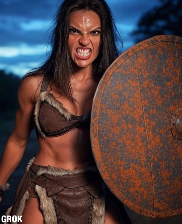 Warrior Woman with gritted white teeth and sword