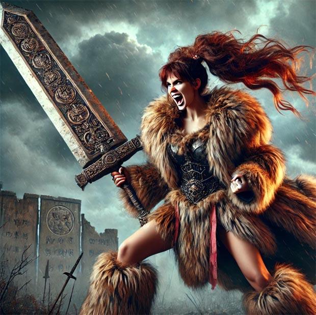 Warrior Woman with sword and griimace