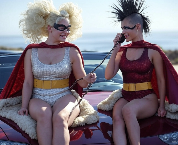 Superheroes on vacation talking on their phones 91