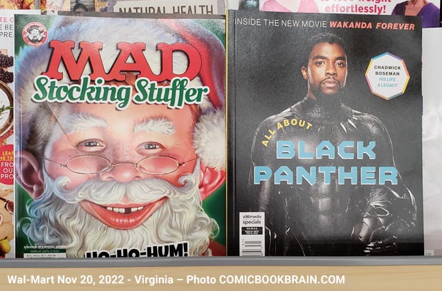 Magazine rack with Black Panther Wakanda and Mad Magazine Christmas